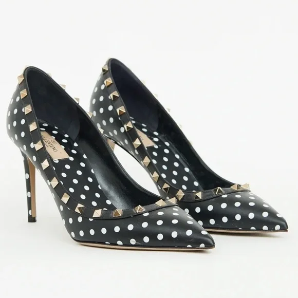 Valentino Rockstud Studded Polkadot Pointed Toe Black Leather Pump Heels - Picture 2 of 5